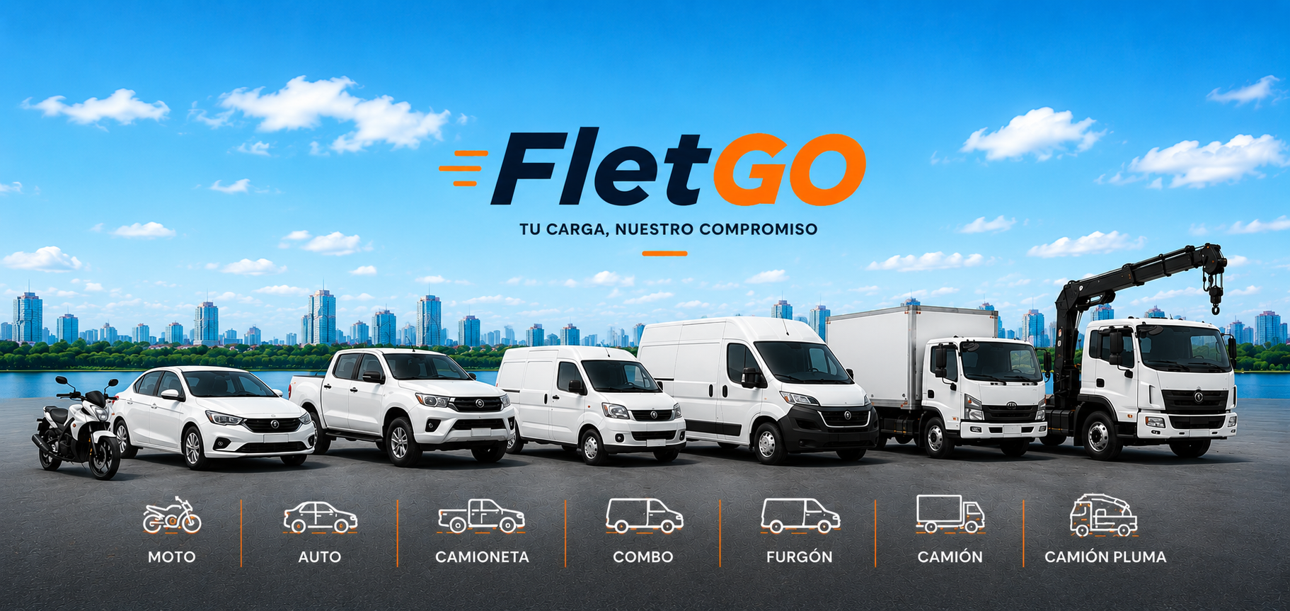 Flota FletGO — Moto, Auto, Camioneta, Combo, Furgón, Camión, Camión Pluma